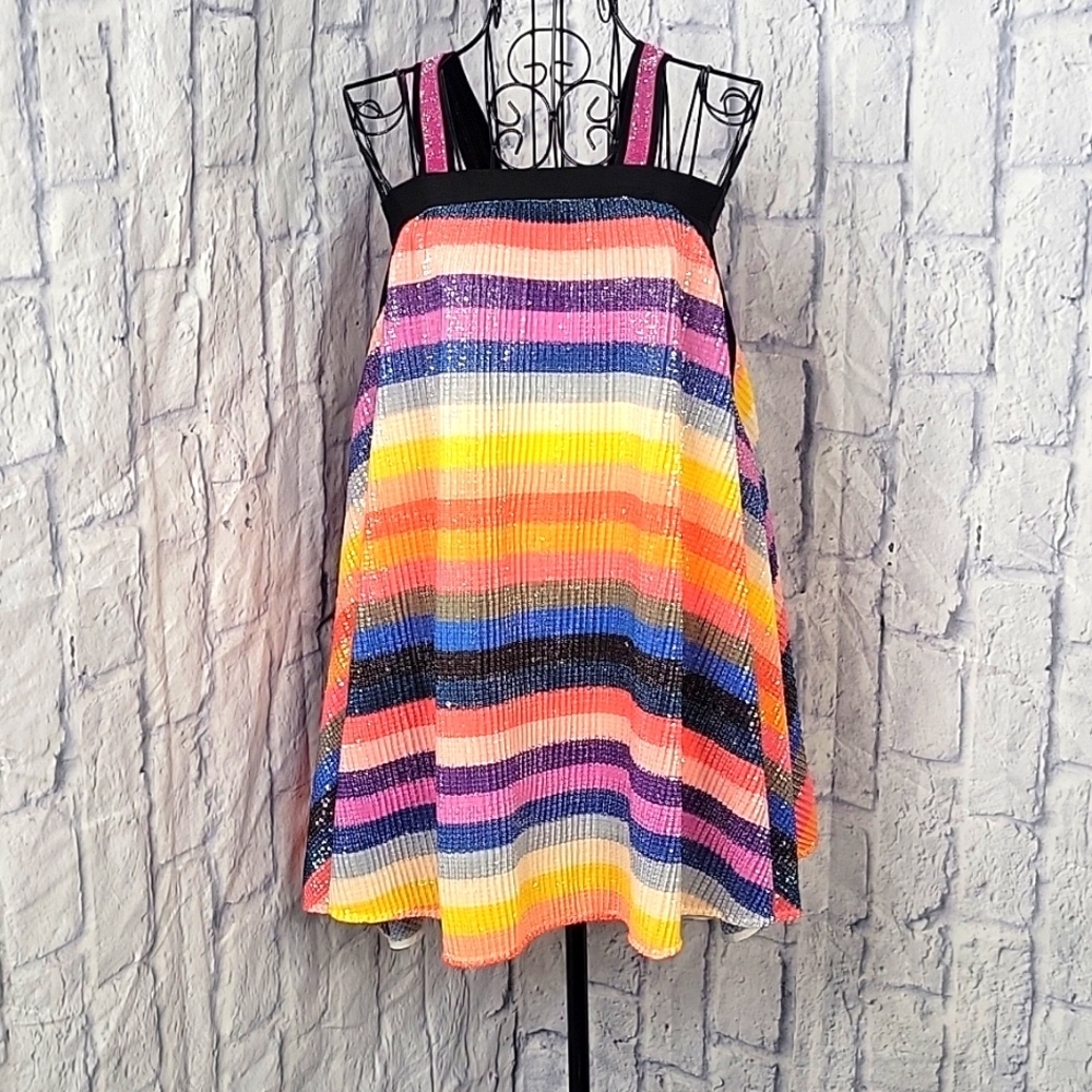 HANNAH BANANA Rainbow Striped Sequin Girl's Dress Size 12